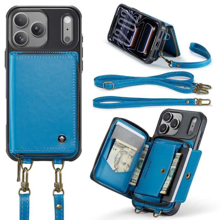 For iPhone 17 Pro JEEHOOD C22 Series Zipper Wallet Leather Phone Case with Dual Lanyard(Blue) by JEEHOOD