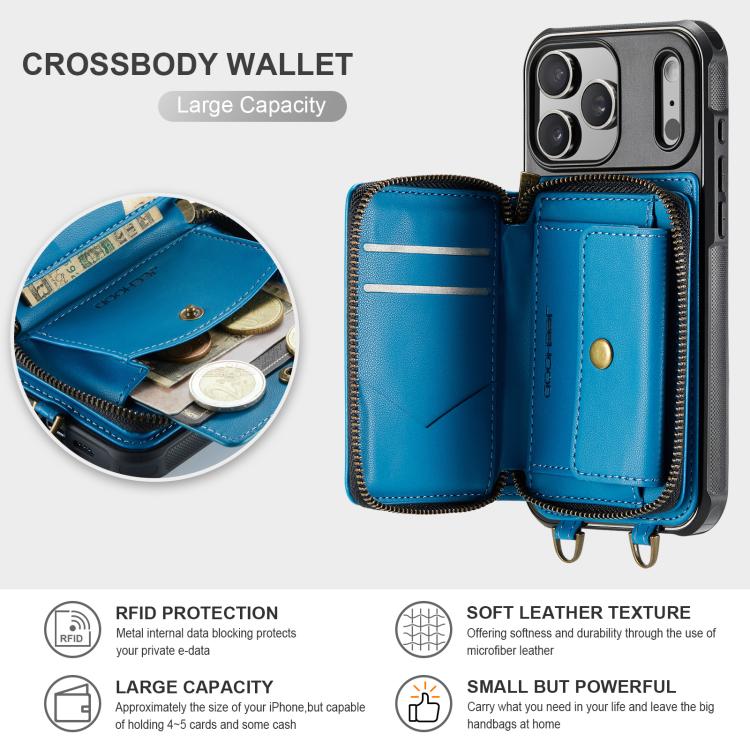 For iPhone 17 Pro JEEHOOD C22 Series Zipper Wallet Leather Phone Case with Dual Lanyard(Blue) by JEEHOOD