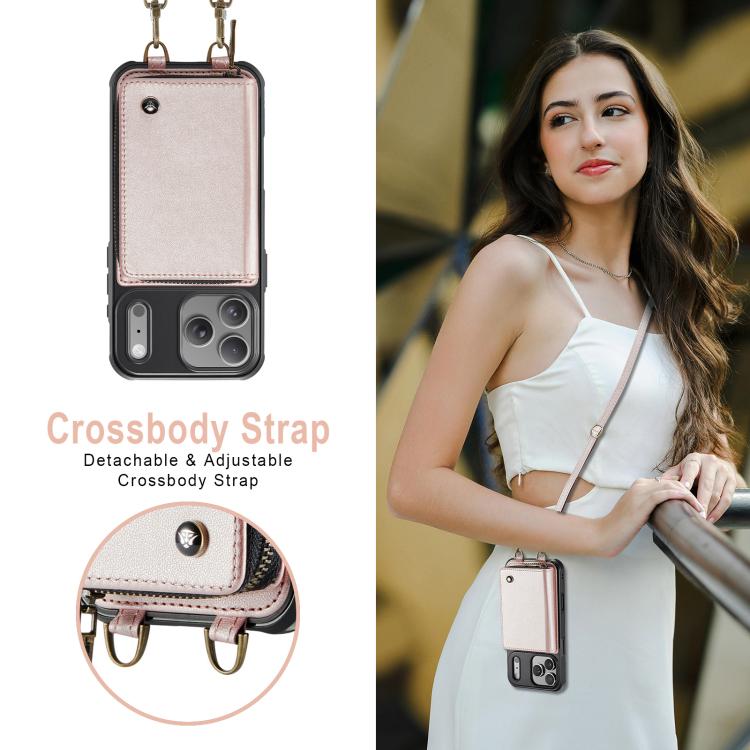 For iPhone 17 Pro JEEHOOD C22 Series Zipper Wallet Leather Phone Case with Dual Lanyard(Rose Gold) by JEEHOOD