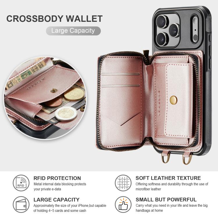 For iPhone 17 Pro JEEHOOD C22 Series Zipper Wallet Leather Phone Case with Dual Lanyard(Rose Gold) by JEEHOOD