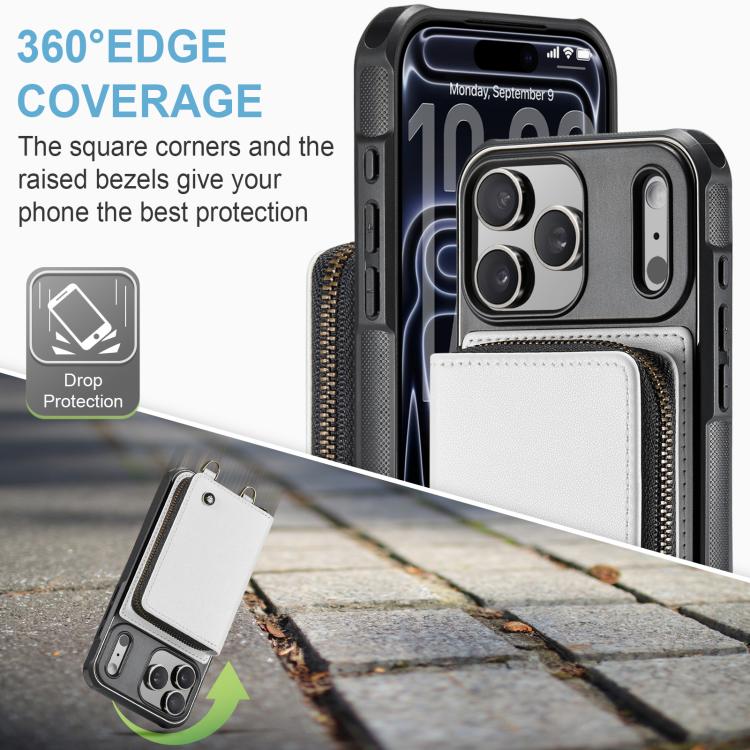 For iPhone 17 Pro JEEHOOD C22 Series Zipper Wallet Leather Phone Case with Dual Lanyard(White) by JEEHOOD