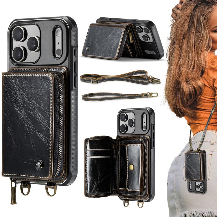 For iPhone 17 Pro JEEHOOD C22 Series Zipper Wallet Leather Phone Case with Dual Lanyard(Coffee) by JEEHOOD