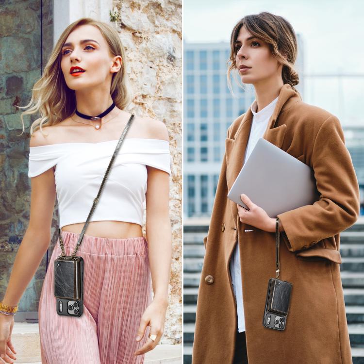 For iPhone 17 Pro JEEHOOD C22 Series Zipper Wallet Leather Phone Case with Dual Lanyard(Coffee) by JEEHOOD