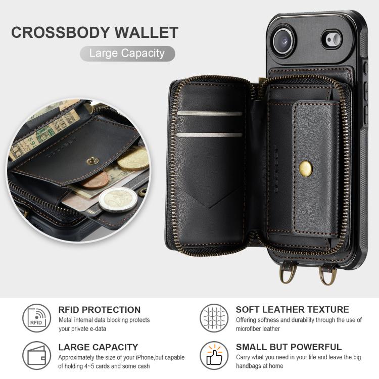 For iPhone Air JEEHOOD C22 Series Zipper Wallet Leather Phone Case with Dual Lanyard(Black) by JEEHOOD