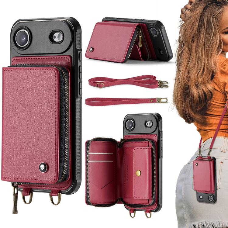 For iPhone Air JEEHOOD C22 Series Zipper Wallet Leather Phone Case with Dual Lanyard(Red) by JEEHOOD