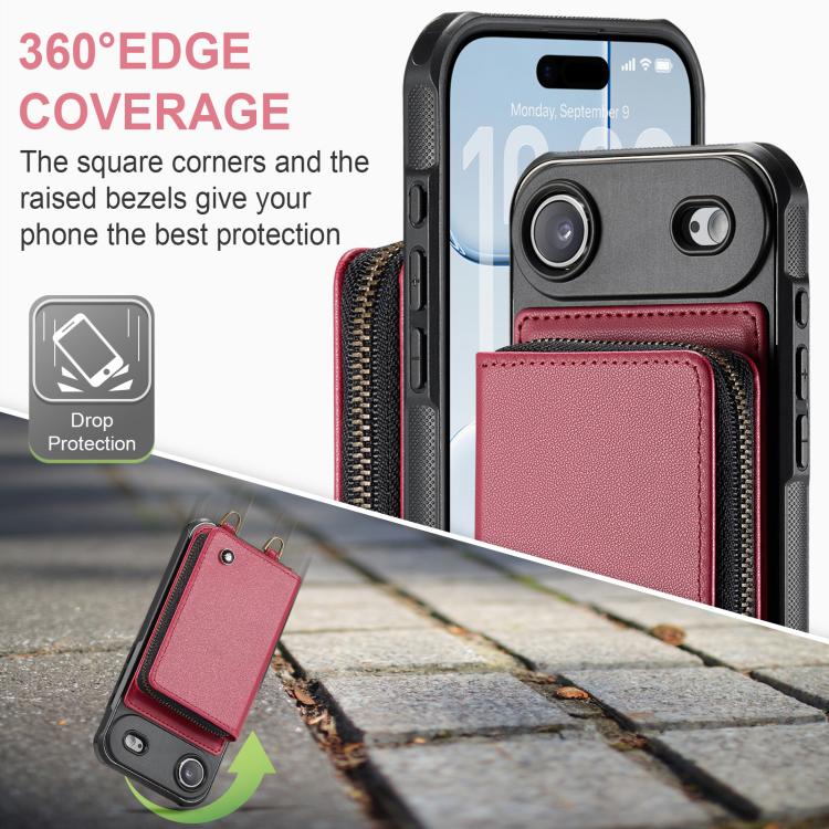 For iPhone Air JEEHOOD C22 Series Zipper Wallet Leather Phone Case with Dual Lanyard(Red) by JEEHOOD