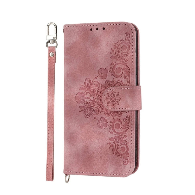 For iPhone 16e Skin-feel Flowers Embossed Wallet Leather Phone Case(Pink) by bashfashion