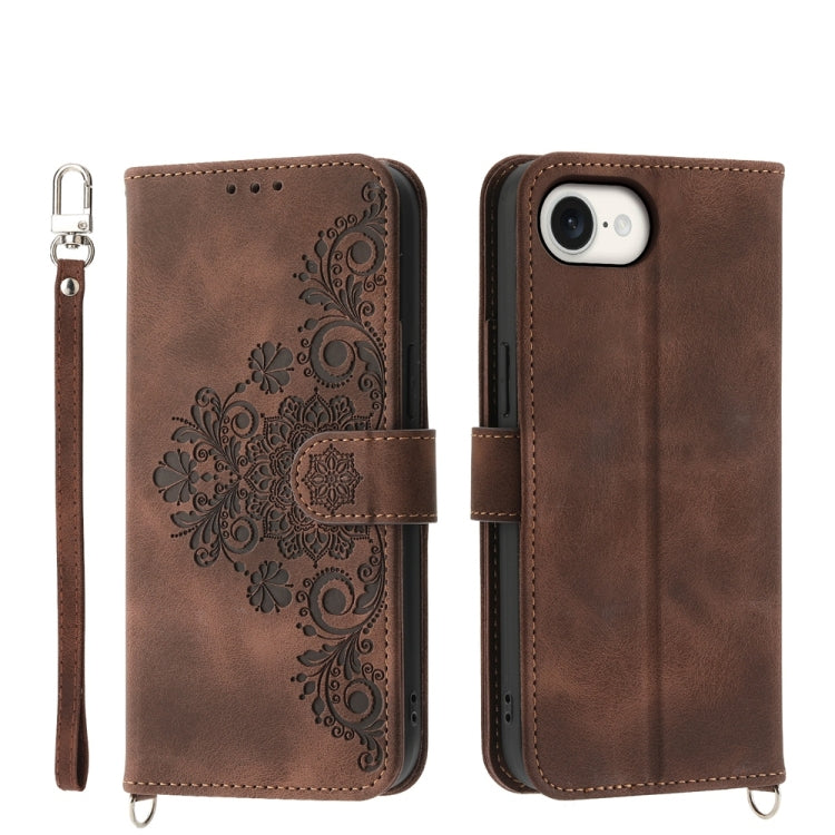 For iPhone 16e Skin-feel Flowers Embossed Wallet Leather Phone Case(Brown) by bashfashion