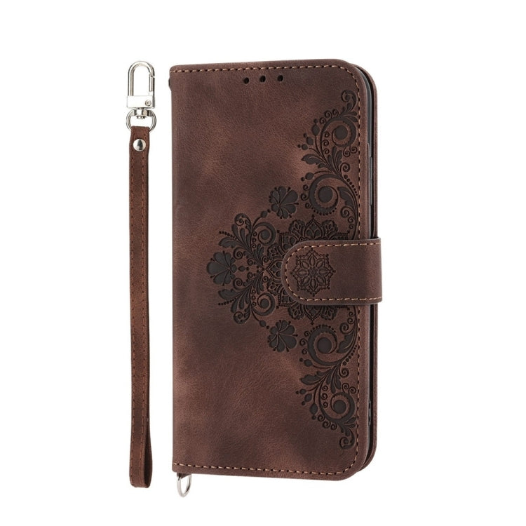 For iPhone 16e Skin-feel Flowers Embossed Wallet Leather Phone Case(Brown) by bashfashion