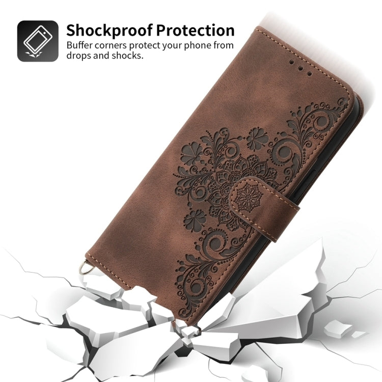 For iPhone 16e Skin-feel Flowers Embossed Wallet Leather Phone Case(Brown) by bashfashion