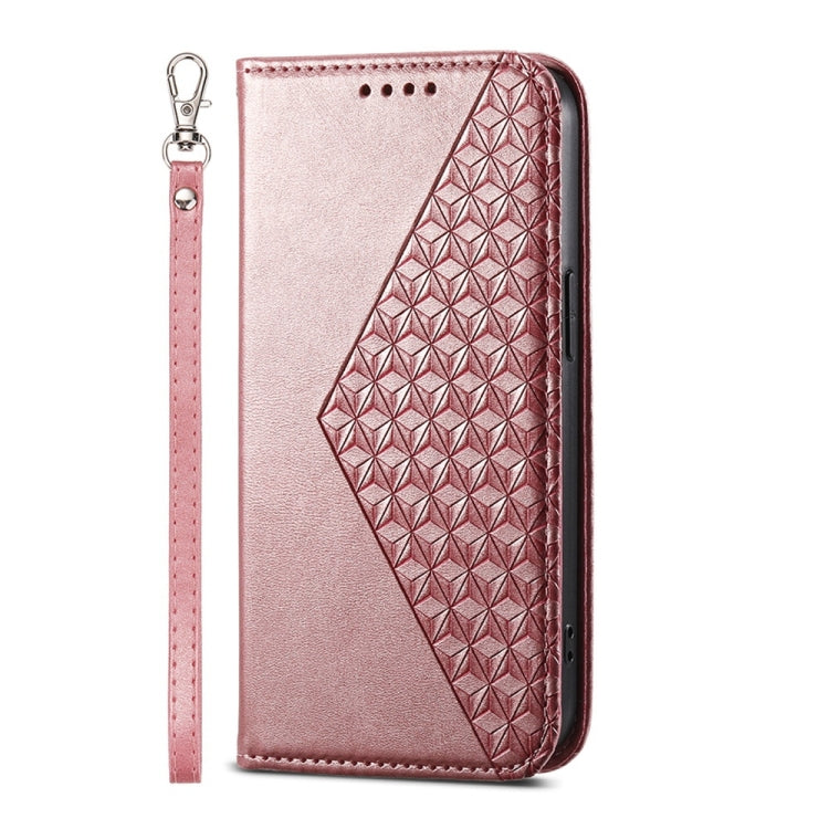 For iPhone 16e Cubic Grid Calf Texture Magnetic Leather Phone Case(Rose Gold) by bashfashion