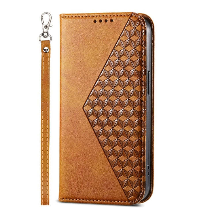 For iPhone 16e Cubic Grid Calf Texture Magnetic Leather Phone Case(Yellow) by bashfashion