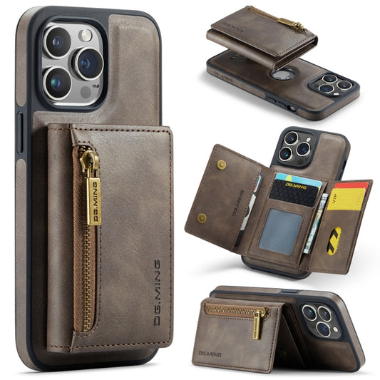 For iPhone 14 Pro Max DG.MING M5 Series Zip RFID Multi Card Detachable Leather Phone Case(Coffee) by DG.MING