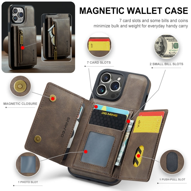 For iPhone 14 Pro Max DG.MING M5 Series Zip RFID Multi Card Detachable Leather Phone Case(Coffee) by DG.MING