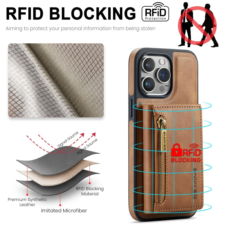 For iPhone 15 Pro DG.MING M5 Series Zip RFID Multi Card Detachable Leather Phone Case(Brown) by DG.MING