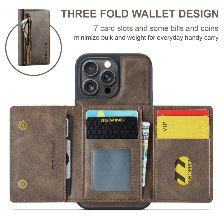 For iPhone 16 Pro Max DG.MING M5 Series Zip RFID Multi Card Detachable Leather Phone Case(Coffee) by DG.MING