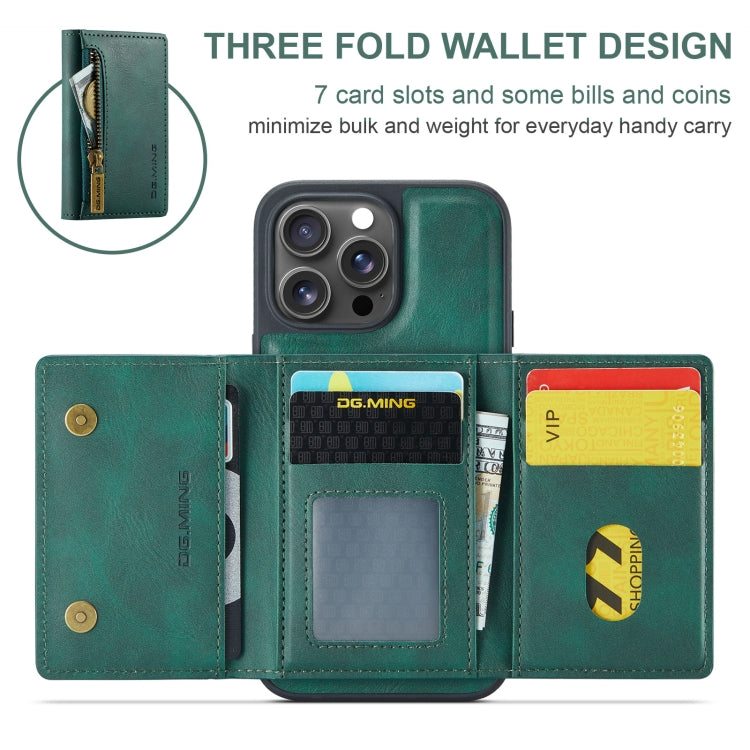 For iPhone 16 Pro Max DG.MING M5 Series Zip RFID Multi Card Detachable Leather Phone Case(Green) by DG.MING