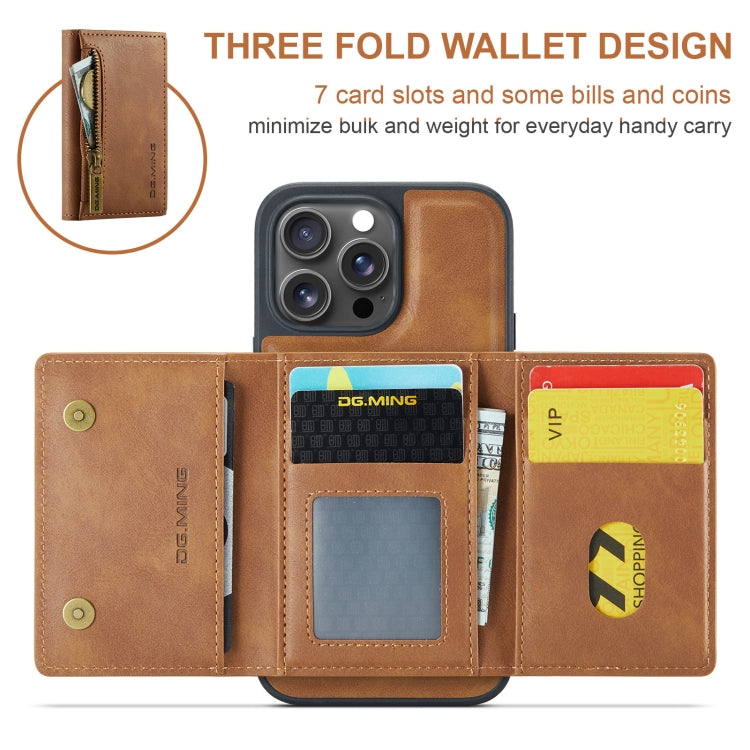 For iPhone 16 Pro DG.MING M5 Series Zip RFID Multi Card Detachable Leather Phone Case(Brown) by DG.MING