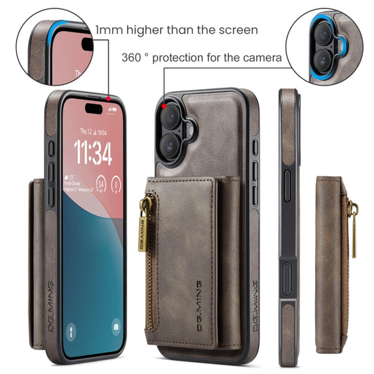For iPhone 16 Plus DG.MING M5 Series Zip RFID Multi Card Detachable Leather Phone Case(Coffee) by DG.MING