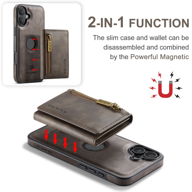 For iPhone 16 Plus DG.MING M5 Series Zip RFID Multi Card Detachable Leather Phone Case(Coffee) by DG.MING