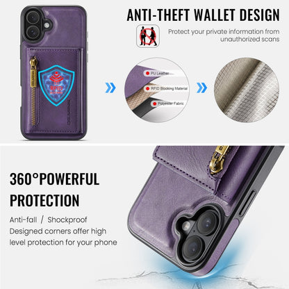 For iPhone 16 Plus DG.MING M5 Series Zip RFID Multi Card Detachable Leather Phone Case(Purple) by DG.MING