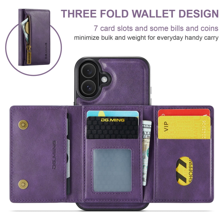 For iPhone 16 Plus DG.MING M5 Series Zip RFID Multi Card Detachable Leather Phone Case(Purple) by DG.MING