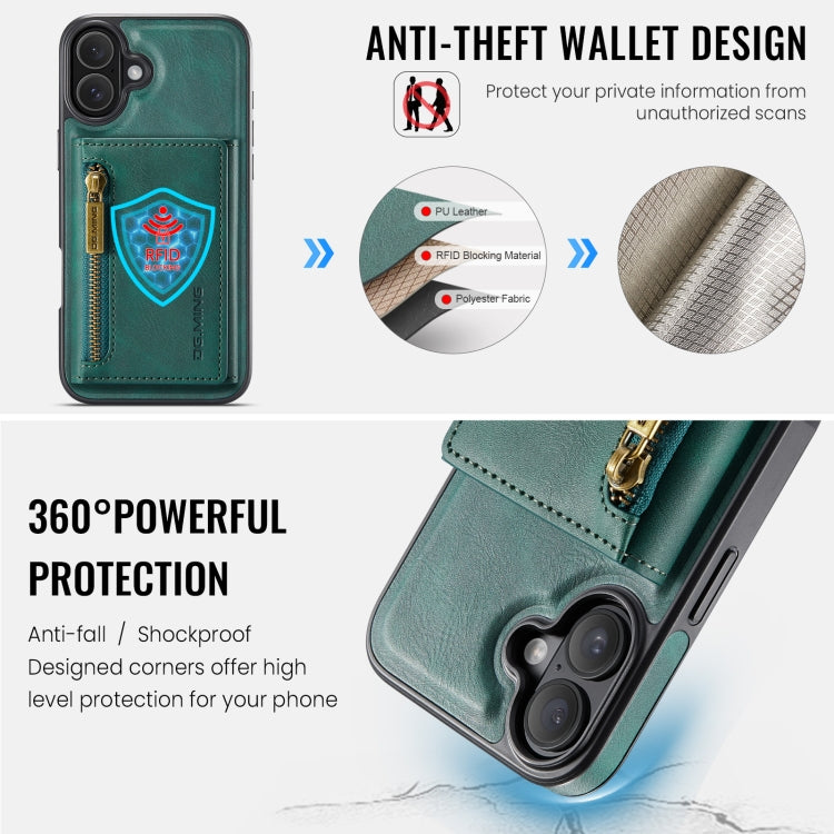 For iPhone 16 Plus DG.MING M5 Series Zip RFID Multi Card Detachable Leather Phone Case(Green) by DG.MING