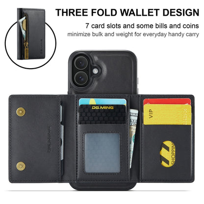 For iPhone 16 DG.MING M5 Series Zip RFID Multi Card Detachable Leather Phone Case(Black) by DG.MING