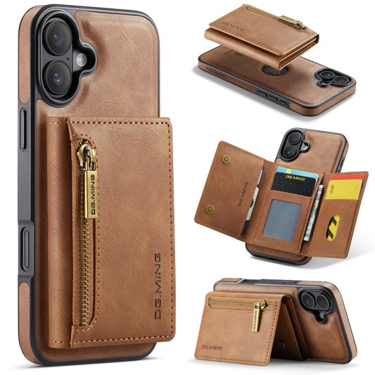 For iPhone 16 DG.MING M5 Series Zip RFID Multi Card Detachable Leather Phone Case(Brown) by DG.MING