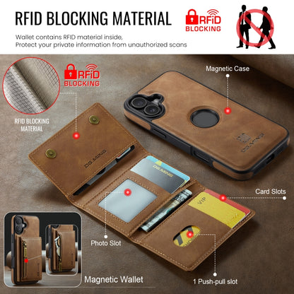 For iPhone 16 DG.MING M5 Series Zip RFID Multi Card Detachable Leather Phone Case(Brown) by DG.MING