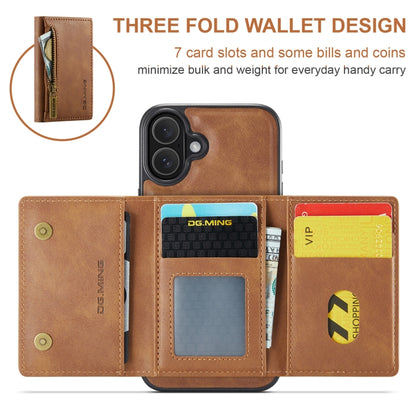 For iPhone 16 DG.MING M5 Series Zip RFID Multi Card Detachable Leather Phone Case(Brown) by DG.MING