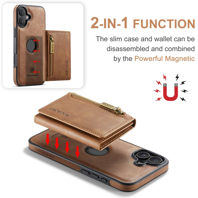 For iPhone 16 DG.MING M5 Series Zip RFID Multi Card Detachable Leather Phone Case(Brown) by DG.MING