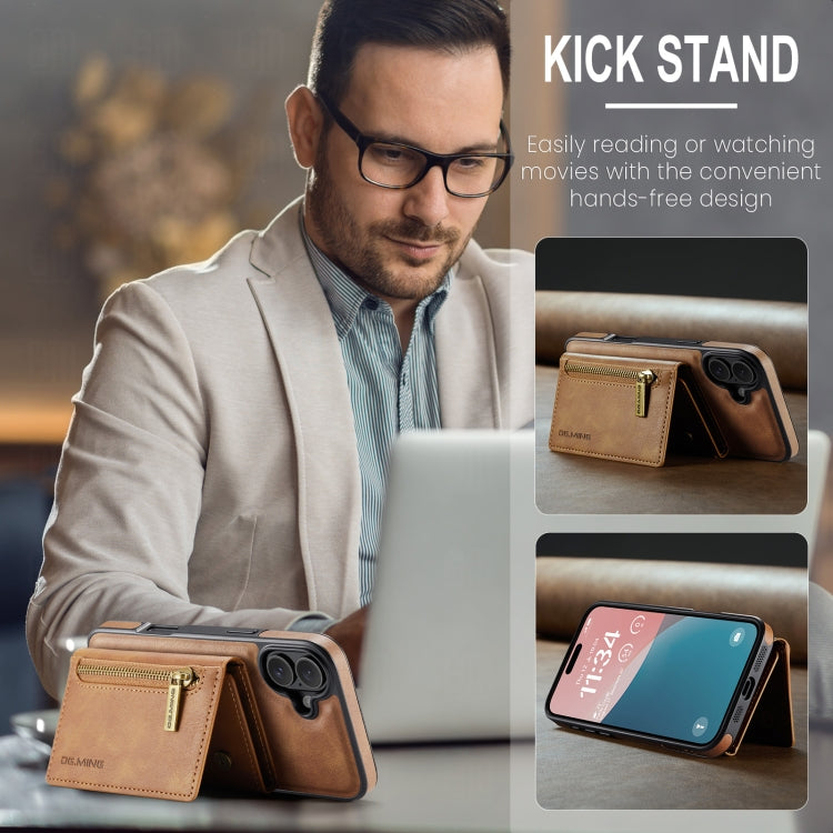 For iPhone 16 DG.MING M5 Series Zip RFID Multi Card Detachable Leather Phone Case(Brown) by DG.MING
