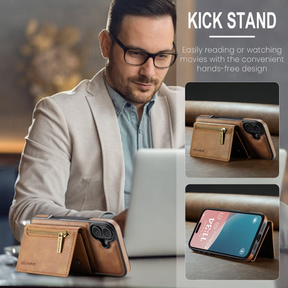 For iPhone 16 DG.MING M5 Series Zip RFID Multi Card Detachable Leather Phone Case(Brown) by DG.MING