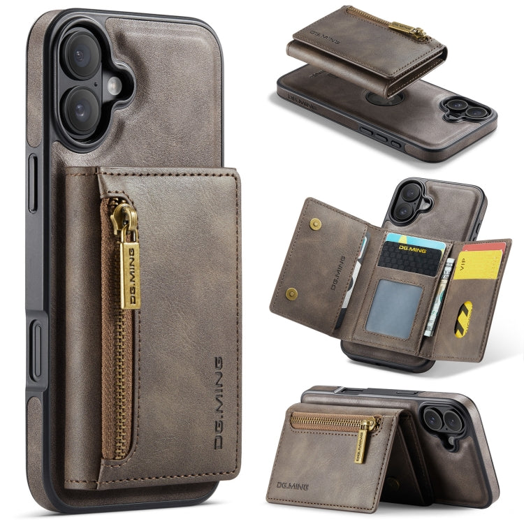 For iPhone 16 DG.MING M5 Series Zip RFID Multi Card Detachable Leather Phone Case(Coffee) by DG.MING