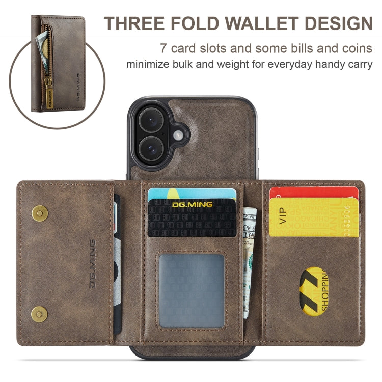 For iPhone 16 DG.MING M5 Series Zip RFID Multi Card Detachable Leather Phone Case(Coffee) by DG.MING