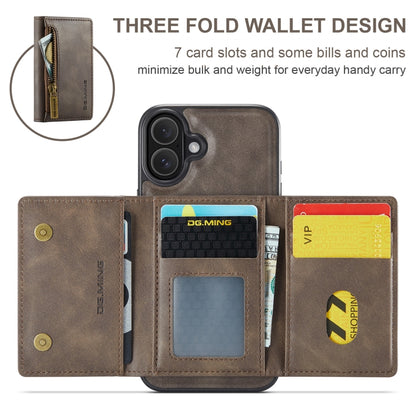 For iPhone 16 DG.MING M5 Series Zip RFID Multi Card Detachable Leather Phone Case(Coffee) by DG.MING