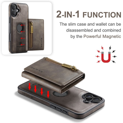 For iPhone 16 DG.MING M5 Series Zip RFID Multi Card Detachable Leather Phone Case(Coffee) by DG.MING