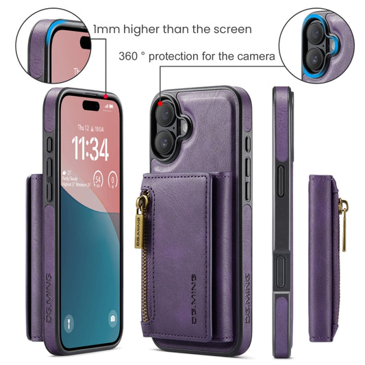 For iPhone 16 DG.MING M5 Series Zip RFID Multi Card Detachable Leather Phone Case(Purple) by DG.MING