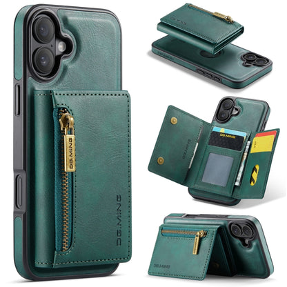 For iPhone 16 DG.MING M5 Series Zip RFID Multi Card Detachable Leather Phone Case(Green) by DG.MING
