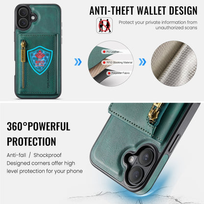 For iPhone 16 DG.MING M5 Series Zip RFID Multi Card Detachable Leather Phone Case(Green) by DG.MING