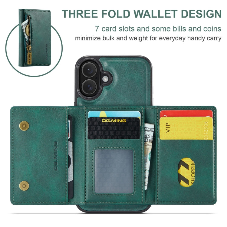 For iPhone 16 DG.MING M5 Series Zip RFID Multi Card Detachable Leather Phone Case(Green) by DG.MING