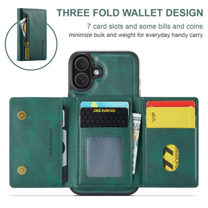 For iPhone 16 DG.MING M5 Series Zip RFID Multi Card Detachable Leather Phone Case(Green) by DG.MING