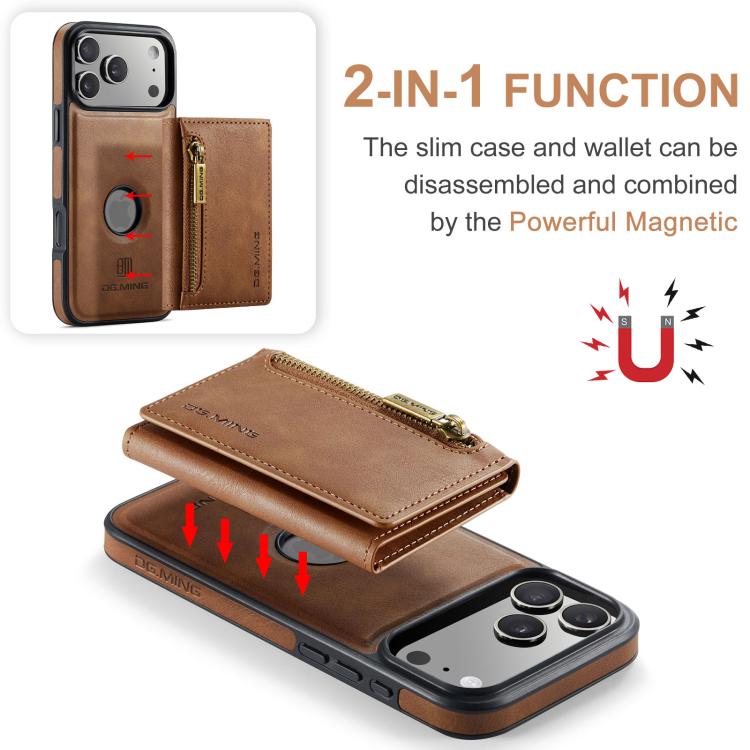 For iPhone 17 Pro Max DG.MING M5 Series Zip RFID Multi Card Detachable Leather Phone Case(Brown) by DG.MING