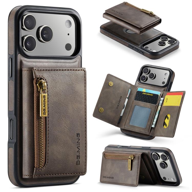 For iPhone 17 Pro Max DG.MING M5 Series Zip RFID Multi Card Detachable Leather Phone Case(Coffee) by DG.MING