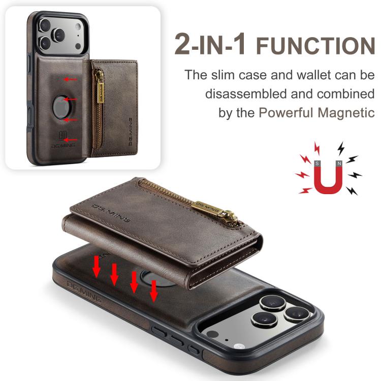For iPhone 17 Pro Max DG.MING M5 Series Zip RFID Multi Card Detachable Leather Phone Case(Coffee) by DG.MING