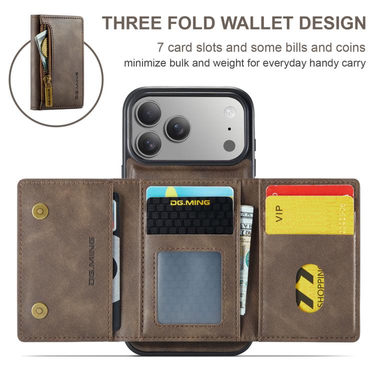 For iPhone 17 Pro DG.MING M5 Series Zip RFID Multi Card Detachable Leather Phone Case(Coffee) by DG.MING