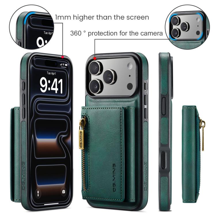 For iPhone 17 Pro DG.MING M5 Series Zip RFID Multi Card Detachable Leather Phone Case(Green) by DG.MING
