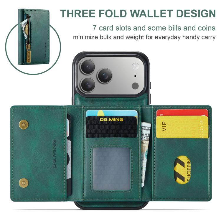 For iPhone 17 Pro DG.MING M5 Series Zip RFID Multi Card Detachable Leather Phone Case(Green) by DG.MING