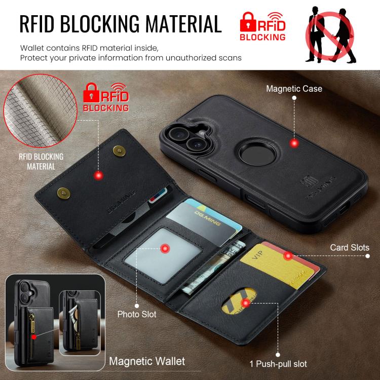 For iPhone 17 DG.MING M5 Series Zip RFID Multi Card Detachable Leather Phone Case(Black) by DG.MING